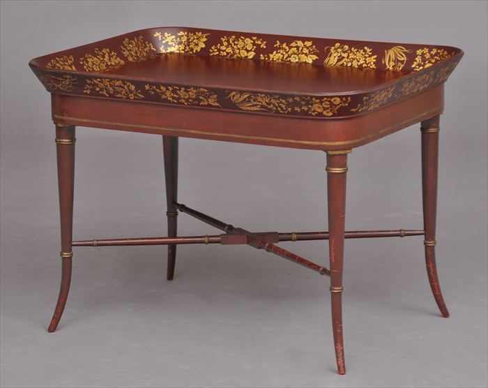 Appraisal: REGENCY CLARET AND GILT JAPANNED PAPIER-M CH TRAY ON LATER