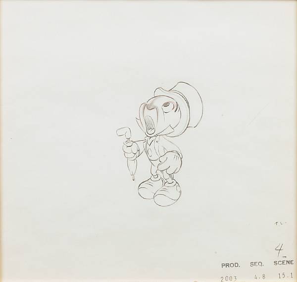 Appraisal: Two Walt Disney drawings and a celluloid of Jiminy Cricket