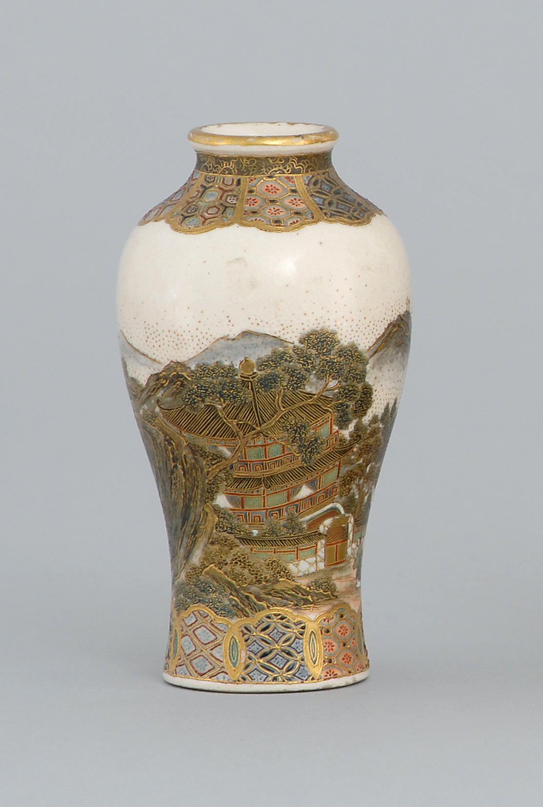 Appraisal: MEIZAN SATSUMA POTTERY VASE Meiji PeriodIn shouldered baluster form with