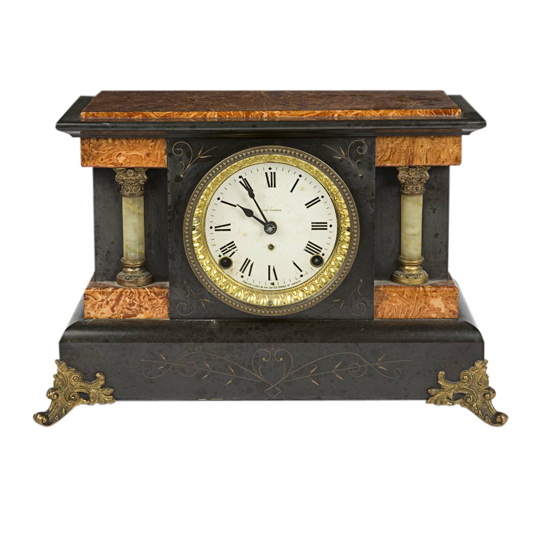 Appraisal: Neoclassical Style Faux Marble and Brass Mantel Clock Height inches