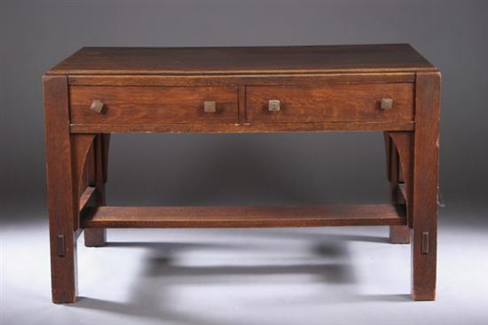 Appraisal: LIMBERT MISSION OAK TWO-DRAWER DESK Early th century branded Rectangular