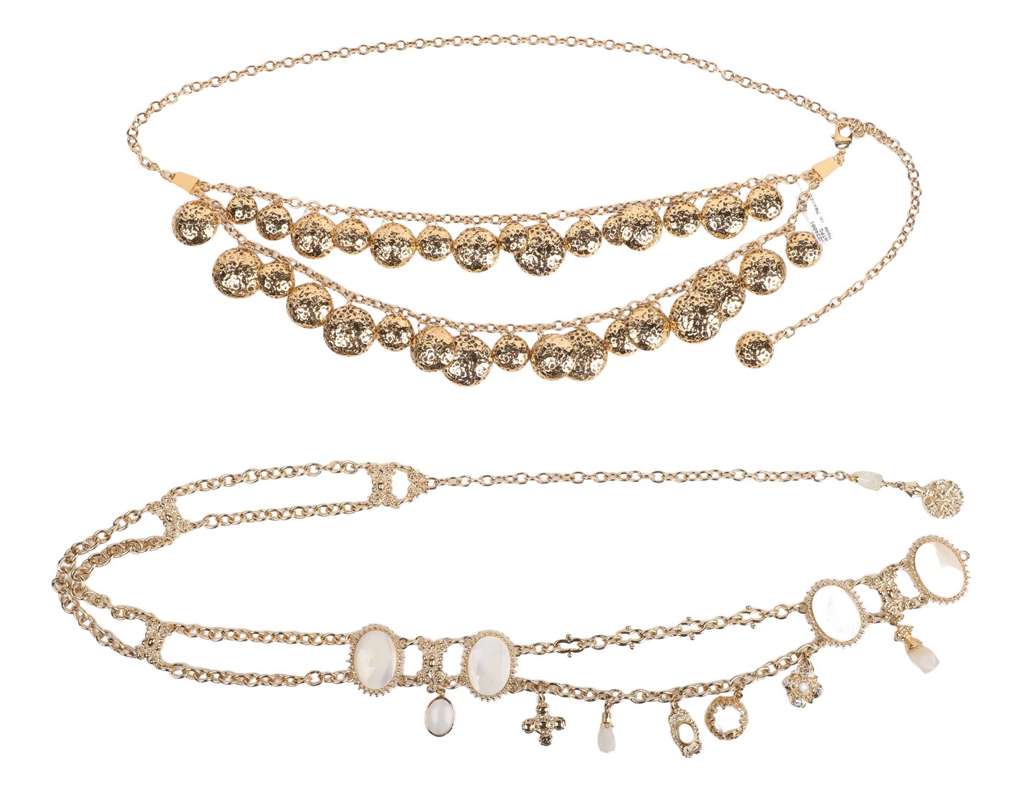 Appraisal: St John gold tone statement belts including embossed multi-strand charm