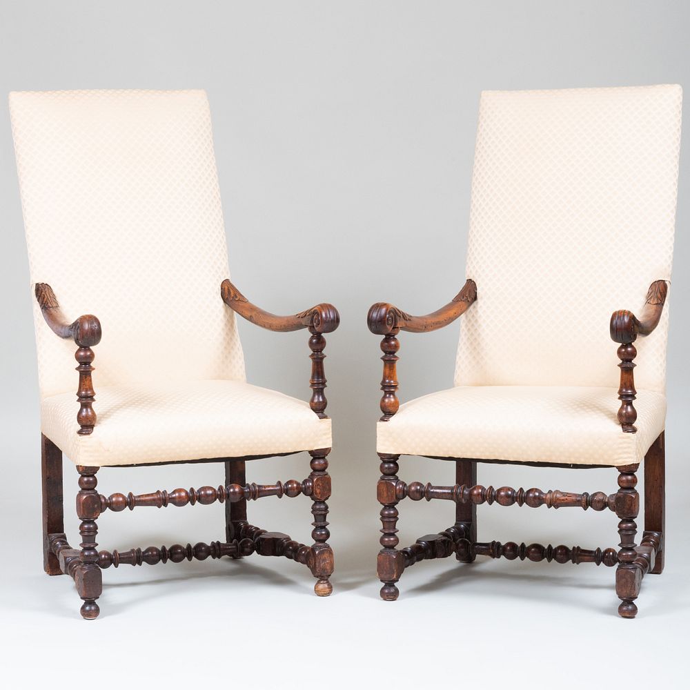 Appraisal: Pair of Louis XIV Walnut Tall Back Fauteuils la Reine