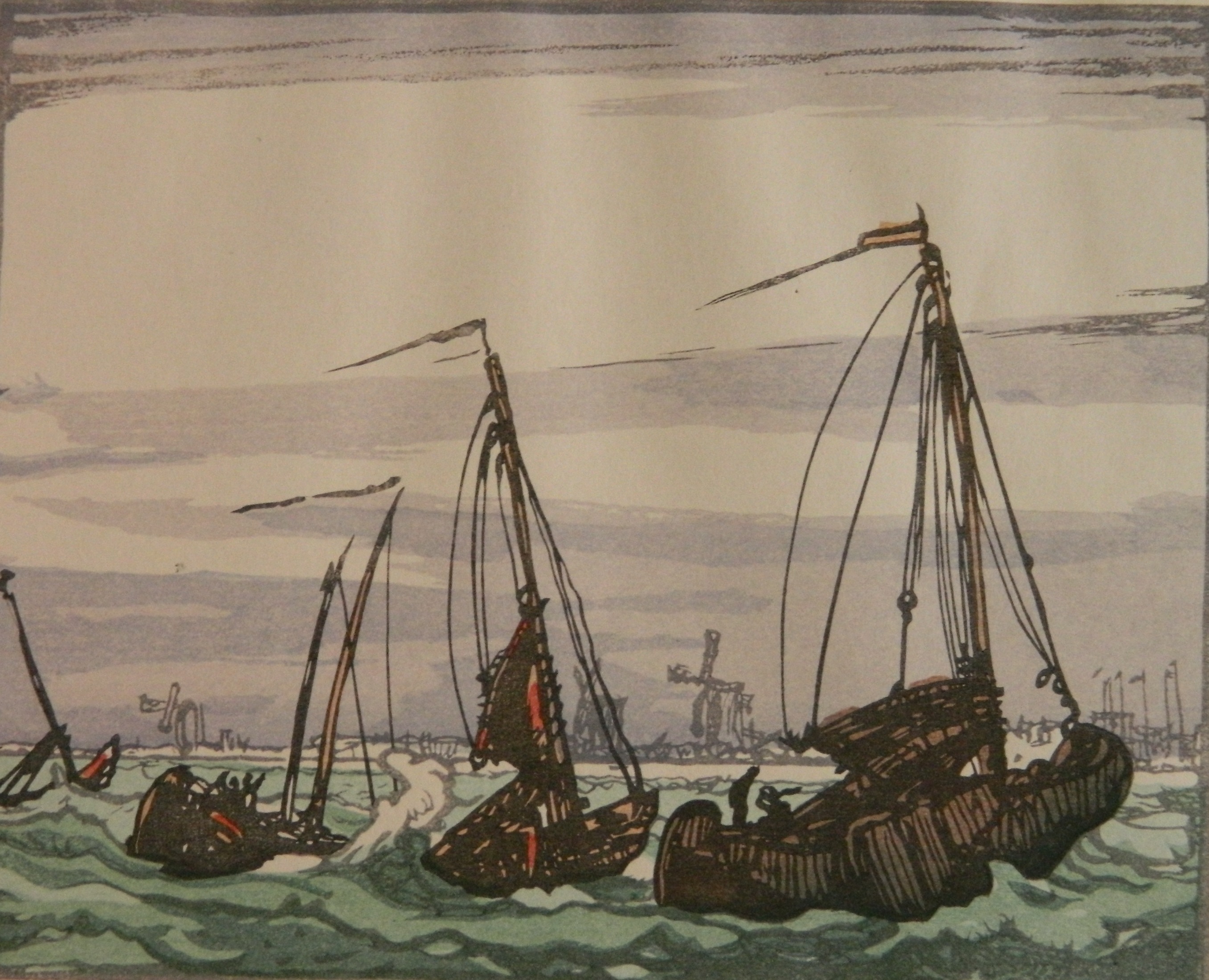 Appraisal: Yoshijiro Urushibara - ''Dutch Packet Boats''- woodcut in color signed