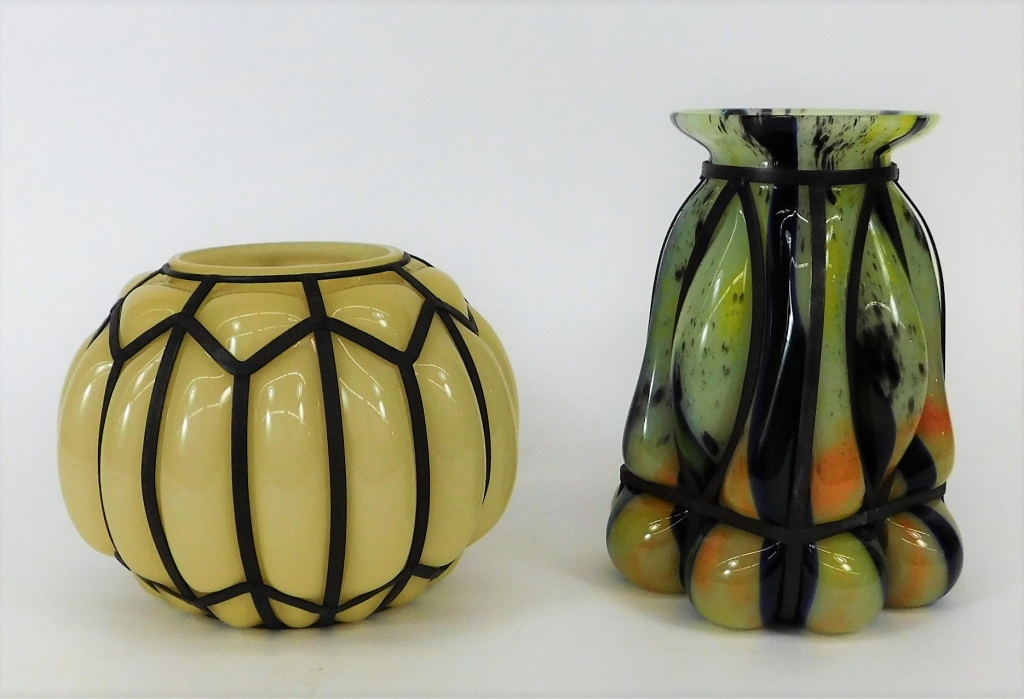 Appraisal: KRALIK BOHEMIAN CAGED BLOWN OUT ART GLASS VASES Bohemia th