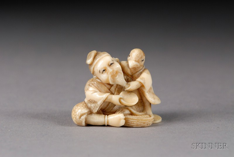 Appraisal: Ivory Netsuke th century seated figure and a standing bird-headed