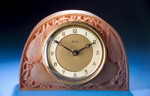 Appraisal: R LALIQUE Clock Moineaux clear and frosted with sepia patina