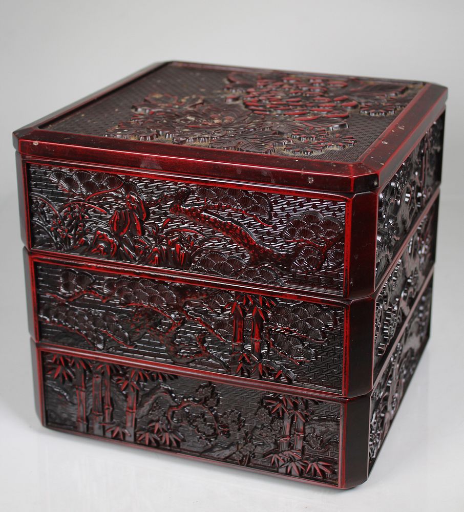 Appraisal: Chinese Lacquerware Stacking Box Chinese Lacquerware Stacking Box With landscape