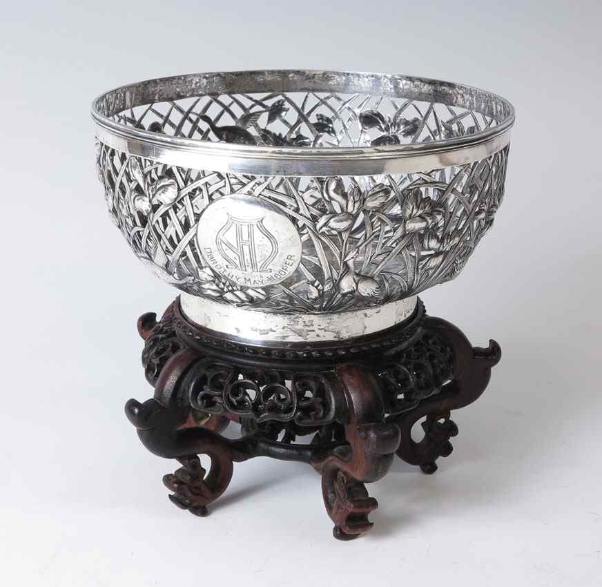 Appraisal: CHINESE EXPORT RETICULATED SILVER BOWL Pierced and embossed body with