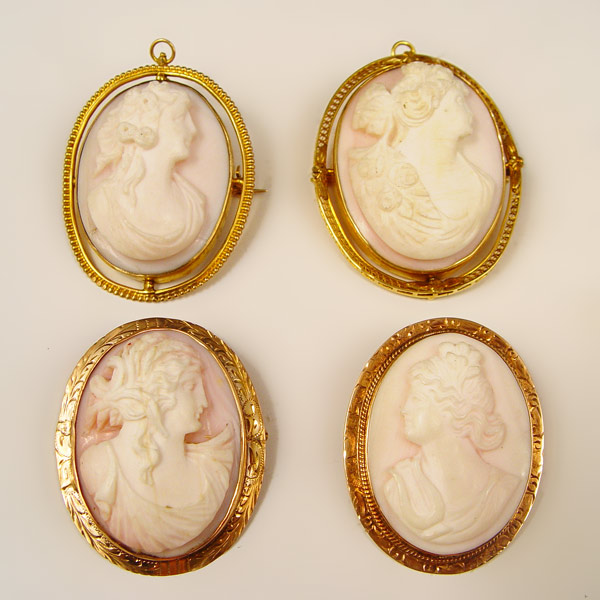 Appraisal: GROUP OF GOLD FRAME CARVED PINK SHELL CAMEO BROOCH PENDANTS