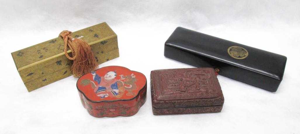 Appraisal: FOUR ASIAN LIDDED BOXES including one black lacquer box L