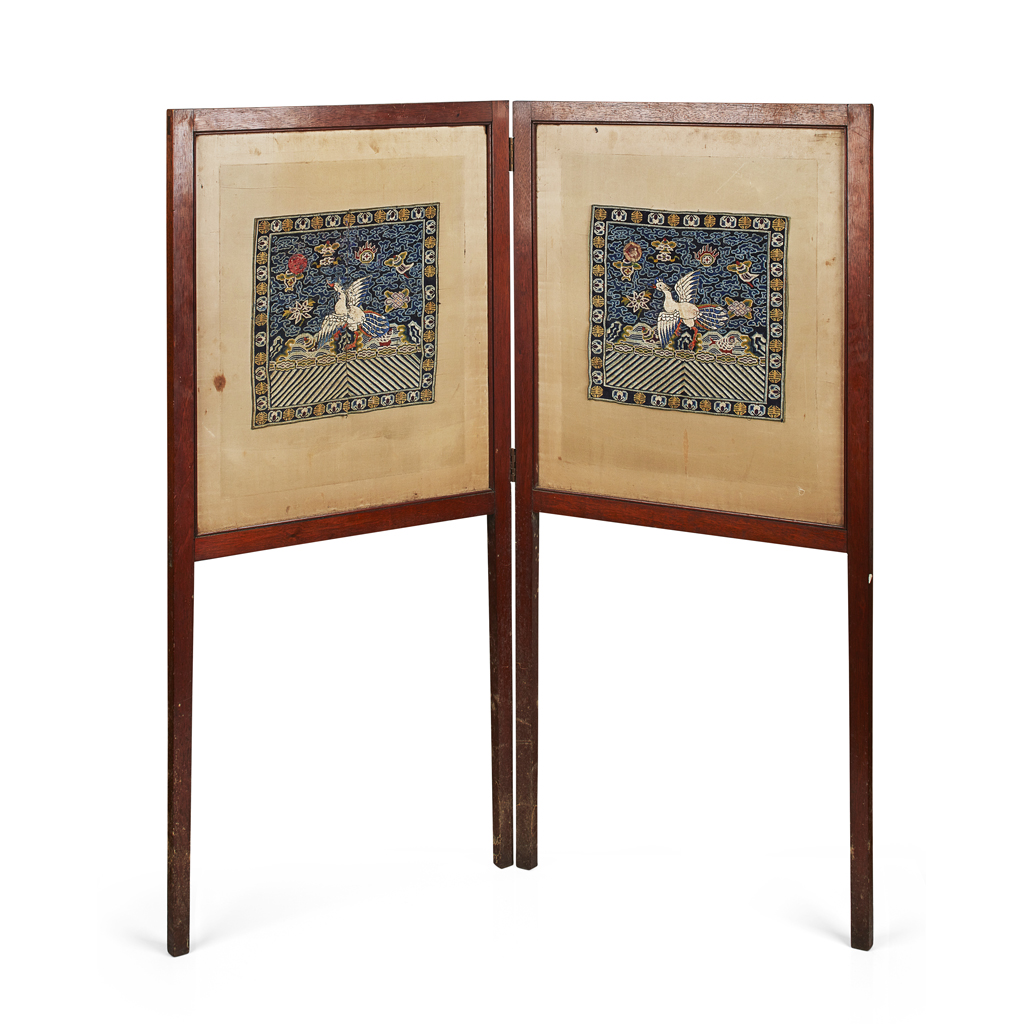 Appraisal: TWO-PANEL HARDWOOD SCREEN INSET WITH RANK BADGES CIRCA each depicting