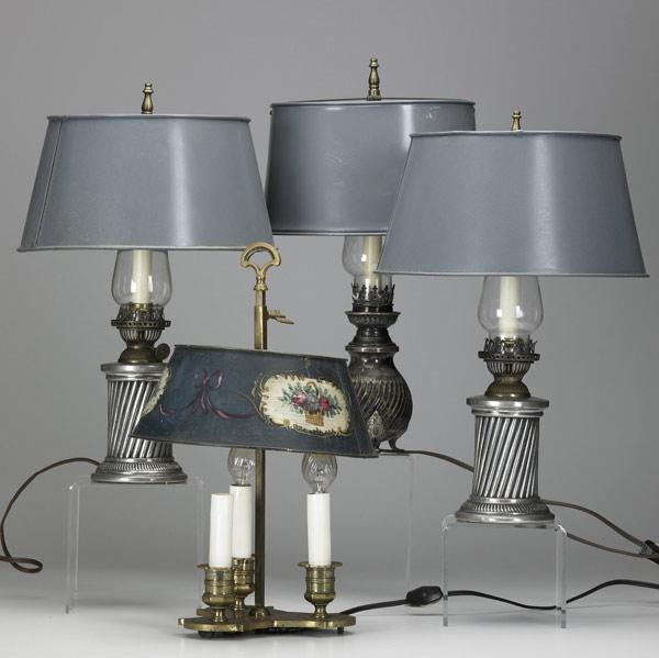 Appraisal: TABLE LAMPS Four tole-shade lamps th- th C three with