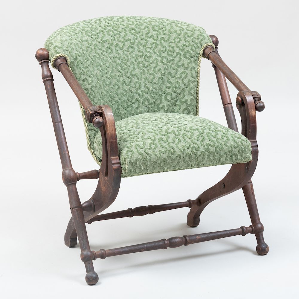 Appraisal: Hunzinger Walnut Folding Chair Signed Upholstered in green velvet fabric