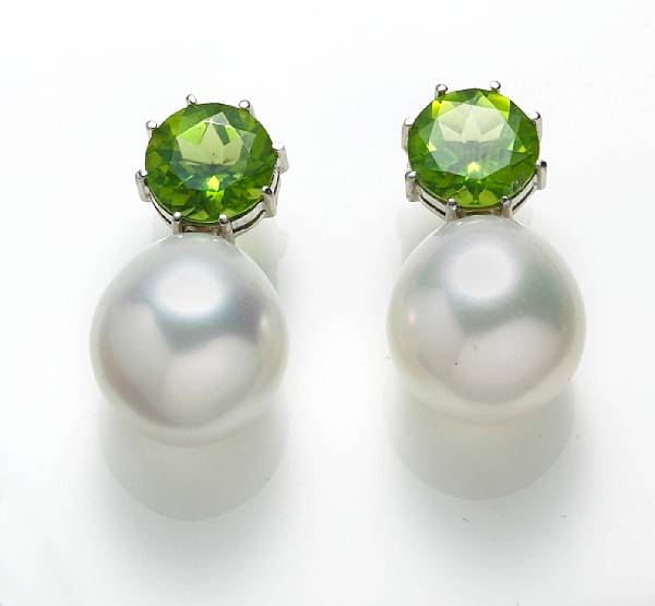 Appraisal: A pair of peridot and South Sea cultured pearl earrings