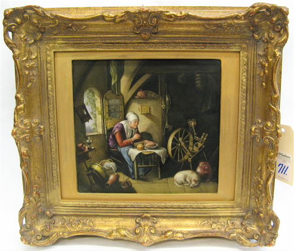 Appraisal: DUTCH SCHOOL OIL ON PORCELAIN PLAQUE An interior scene with