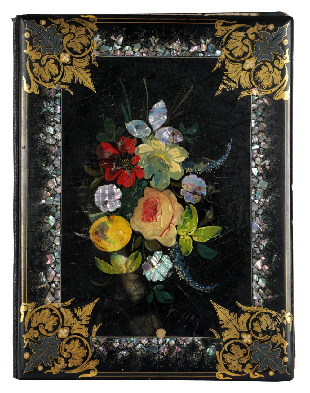 Appraisal: VICTORIAN LEATHER-COVERED FOLDERpolychrome-painted and inlaid with mother-of-pearl hinged to center