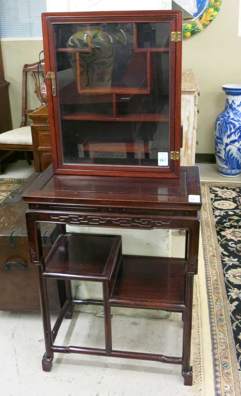 Appraisal: CHINESE ROSEWOOD COLLECTOR'S CABINET AND DISPLAY TABLE The wall-mount or