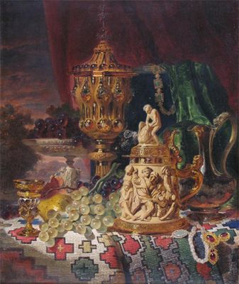 Appraisal: George Lance - Still life of fruit a gold chalice