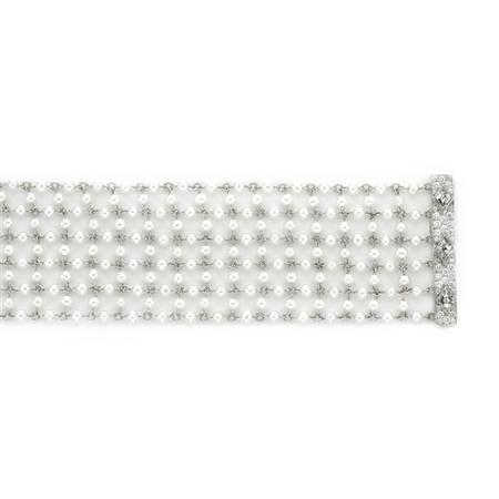 Appraisal: Platinum and Cultured Pearl Mesh Choker Necklace with Diamond Clasp