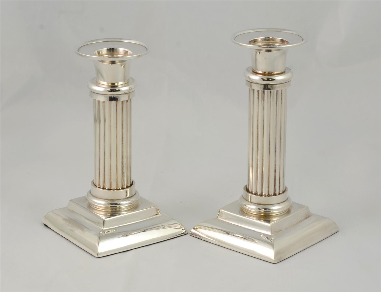 Appraisal: Pair of Reeded Column Silverplate Candlesticks tallest - high