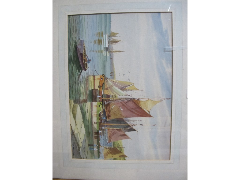 Appraisal: A D BELL Watercolour harbour scene with fishing smacks signed