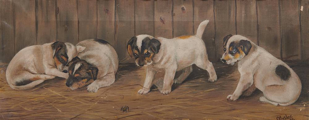 Appraisal: JOHN B MATHER Australian - Puppies with a Spider oil