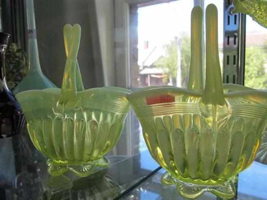 Appraisal: PAIR OF CITRINE OPALESCENT GLASS BASKETS CHIP