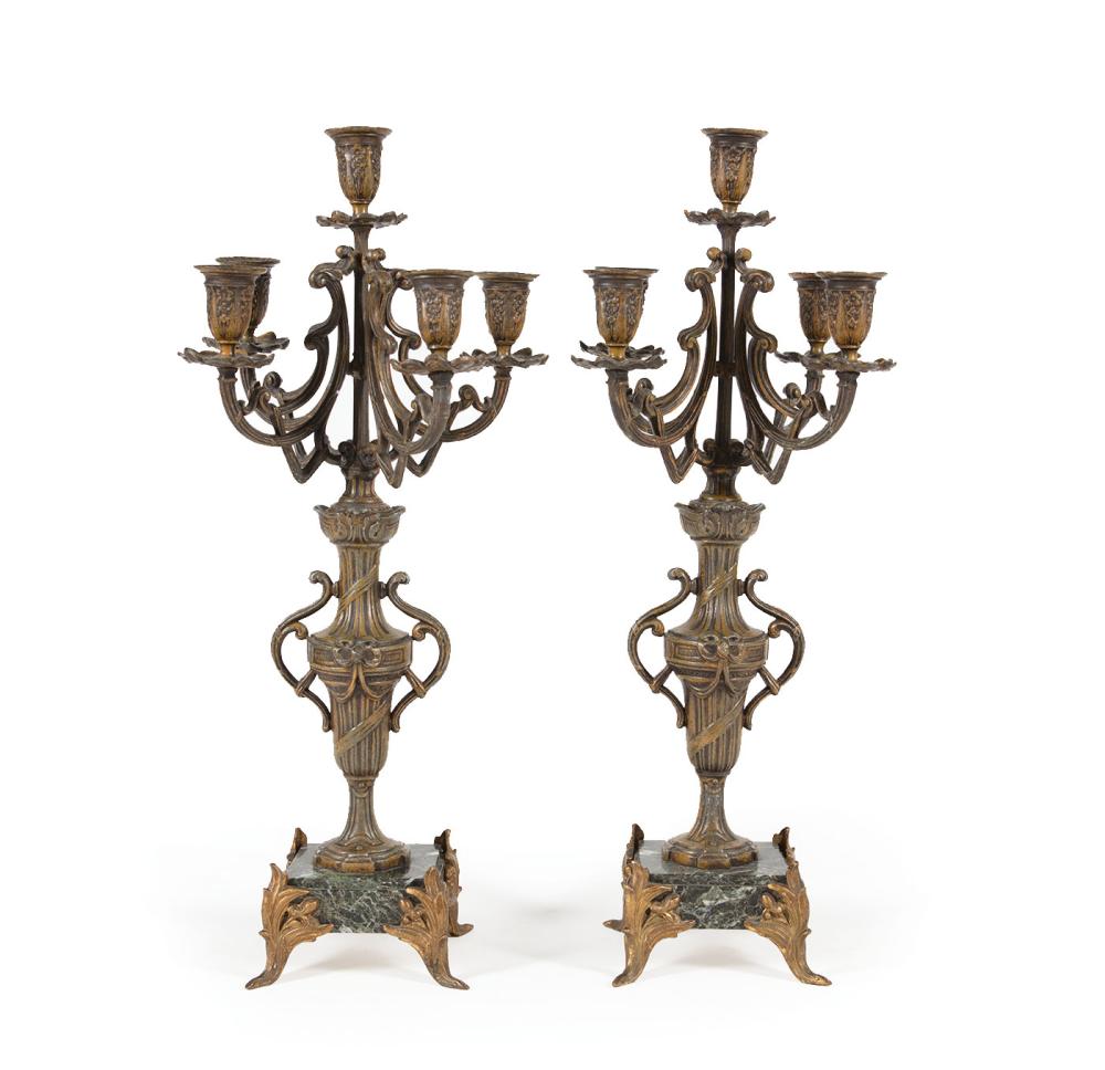 Appraisal: Pair of Louis XVI-Style Patinated Metal and Marble Five-Light Candelabra