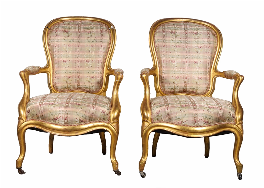 Appraisal: Pair gilt French provincial style parlor chairs with front leg