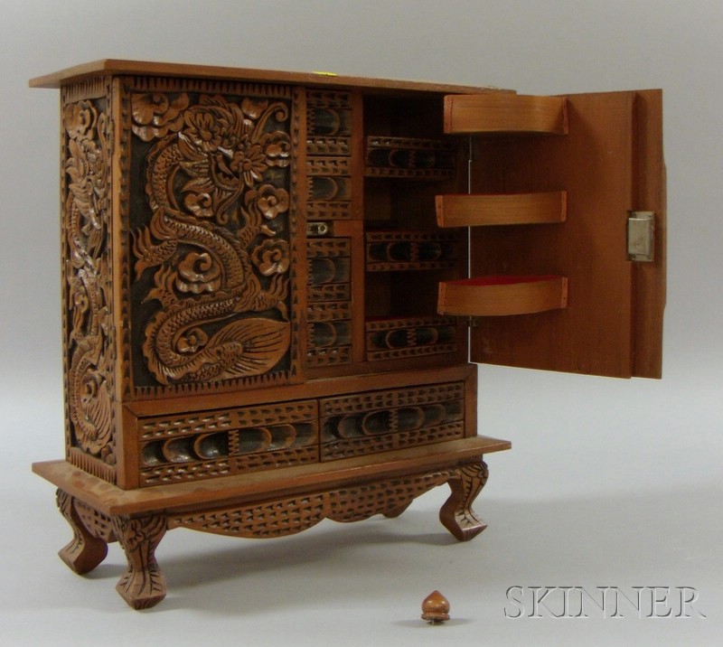 Appraisal: Asian Export Carved Wooden Two-Door Jewelry Cabinet