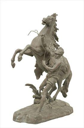 Appraisal: Continental School Figure Group with Rearing Horse Patinated metal unsigned