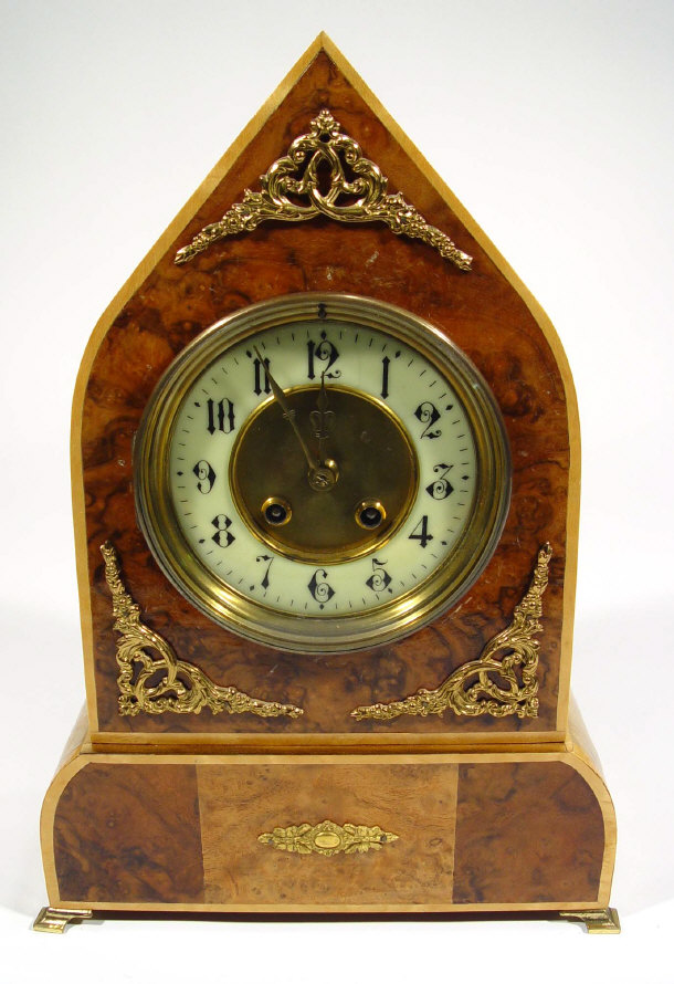 Appraisal: Burr walnut cased arch design mantle clock with enamel dial