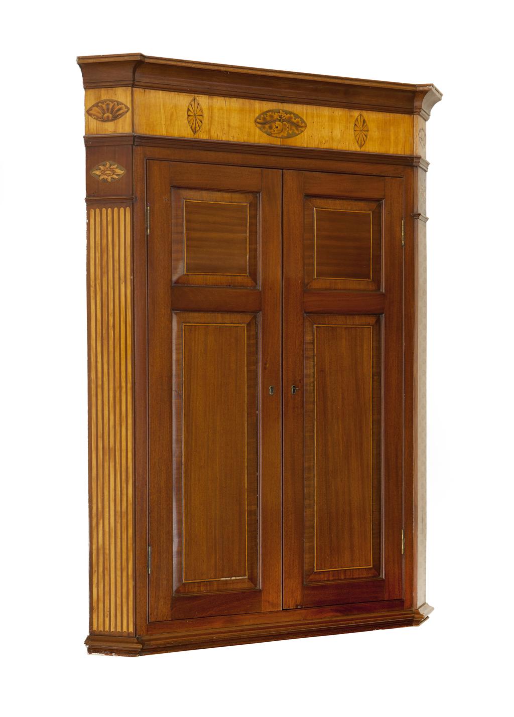 Appraisal: GEORGE III MAHOGANY AND SATINWOOD INLAY HANGING CORNER CUPBOARD LATE