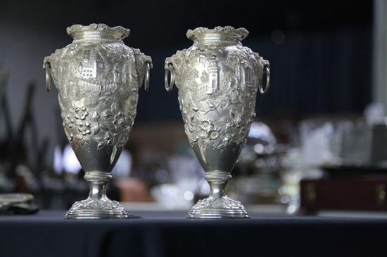 Appraisal: PAIR OF S KIRK SON STERLING SILVER URNS Repousse urns