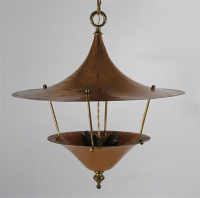 Appraisal: A large copper and brass hanging lantern probably Birmingham Guild