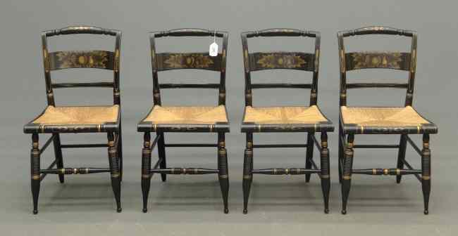 Appraisal: Set of four signed Hitchcock rush seat painted chairs ''