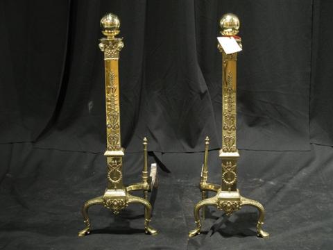 Appraisal: PAIR CLASSICAL BRASS COLUMNAR ANDIRONS Early to mid- th century