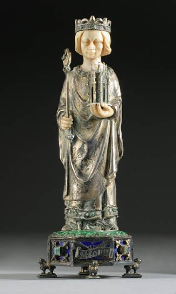 Appraisal: A French Gothic style silver enamel and ivory figure of