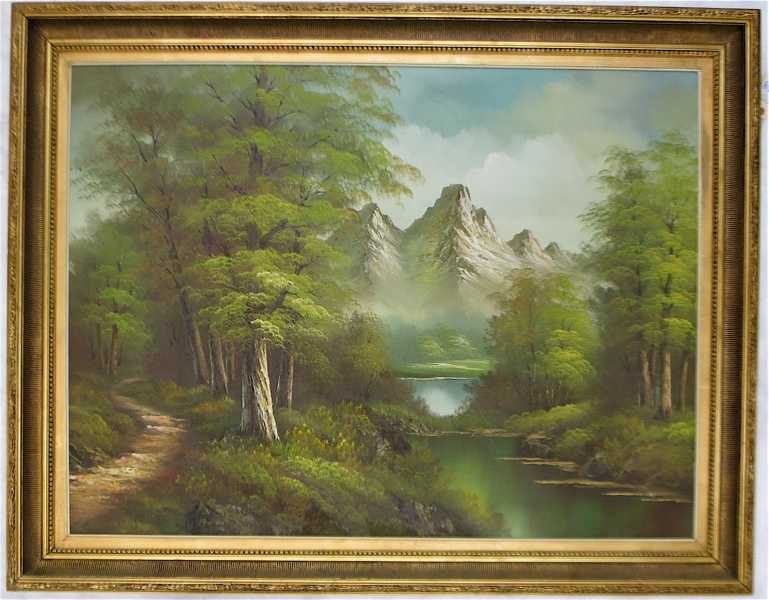 Appraisal: LARGE OIL ON CANVAS LANDSCAPE forest scene with lake and