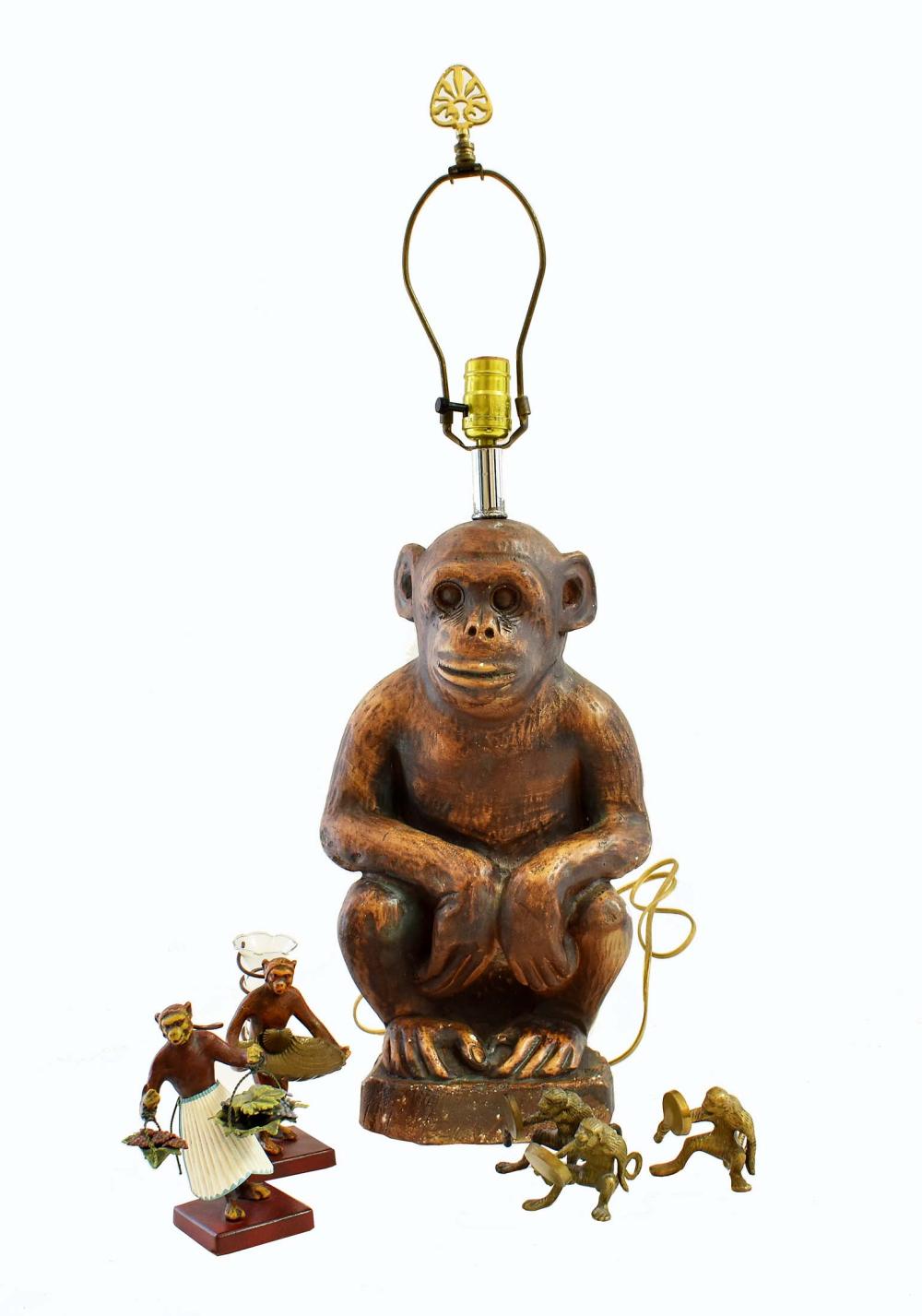 Appraisal: GROUP OF WHIMISCAL MONKEY TABLE ITEMSComprising a painted plaster lamp