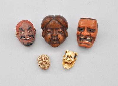 Appraisal: Five Carved Face Masks Two ivory carved masks one with