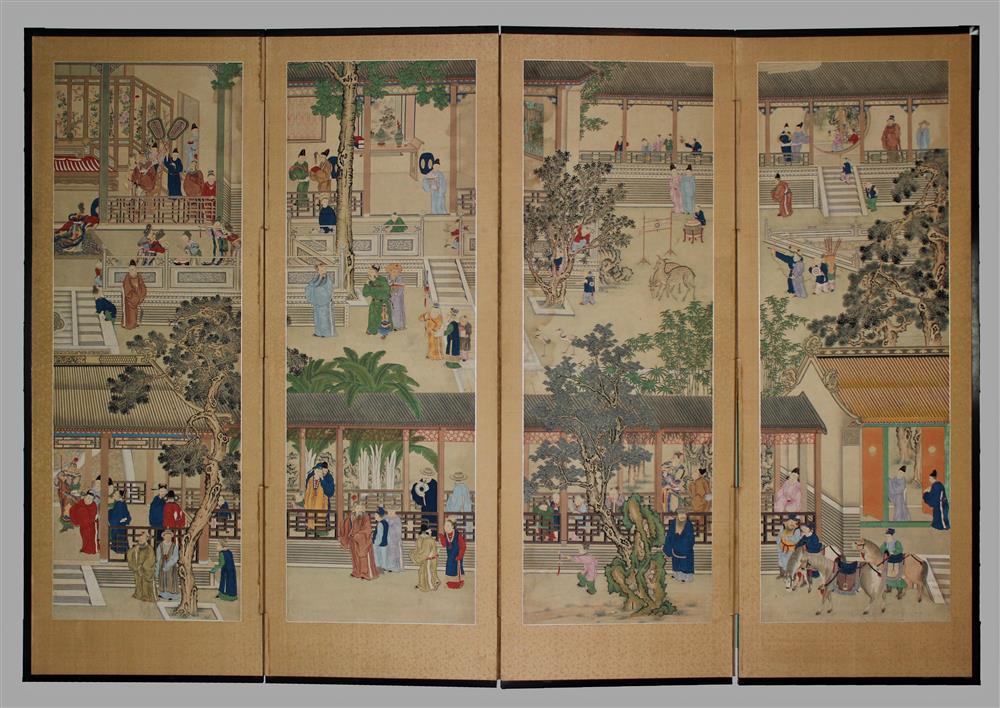 Appraisal: CHINESE PAINTINGS SET WITH JAPANESE FOUR PANEL MOUNTING th C