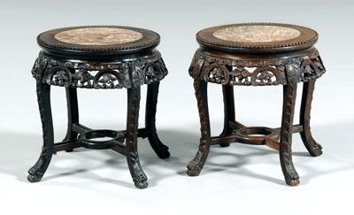 Appraisal: Pair Chinese carved stands mortise-and-tenon construction inset mottled pink marble