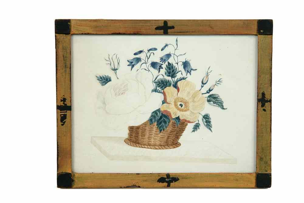 Appraisal: PRIMITIVE WATERCOLOR - Study of Basket of Flowers in the