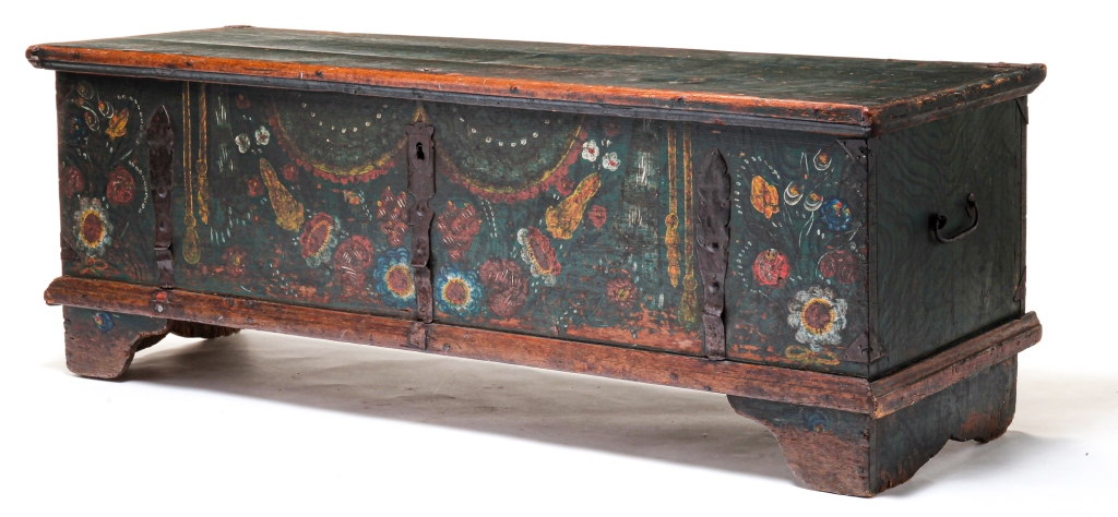 Appraisal: EUROPEAN DOWRY CHEST Nineteenth century pine Pegged construction wrought iron