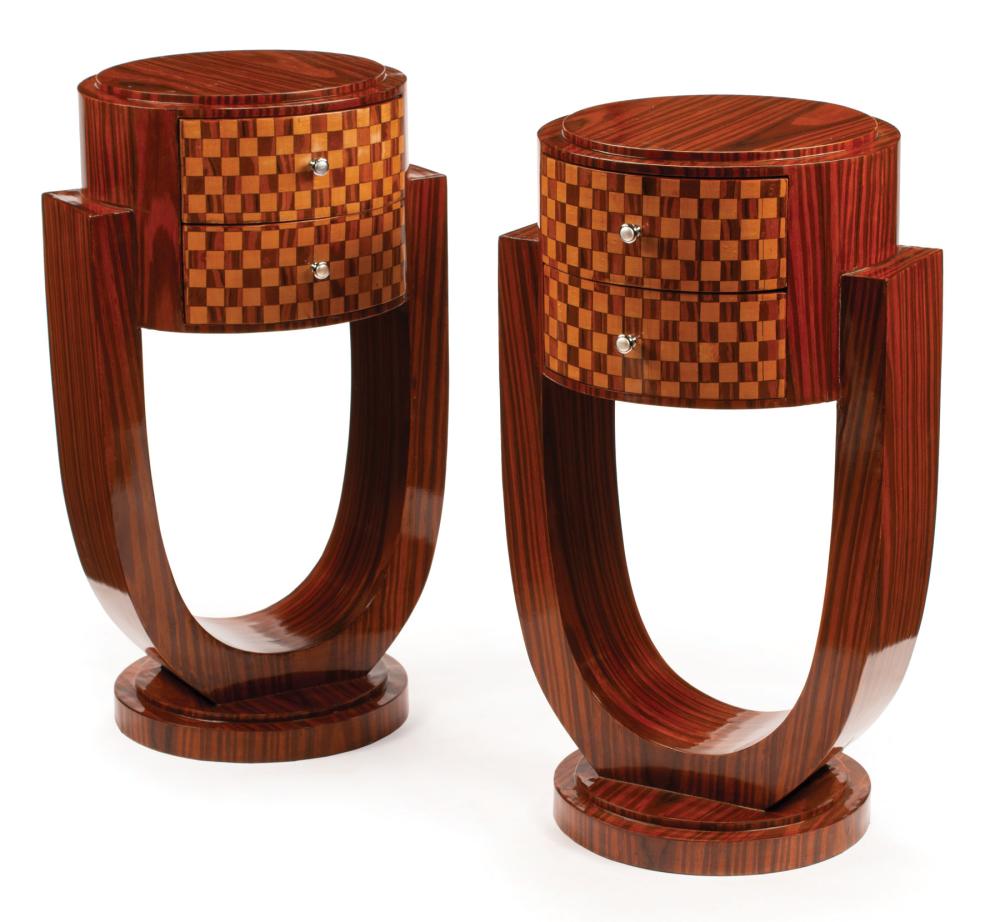 Appraisal: Pair of Art Deco-Style Inlaid Zebrawood Stands inset circular top