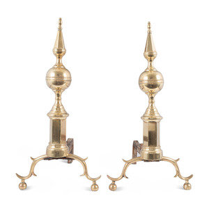 Appraisal: A Pair of Federal Brass Steeple Top Andirons Possibly Richard