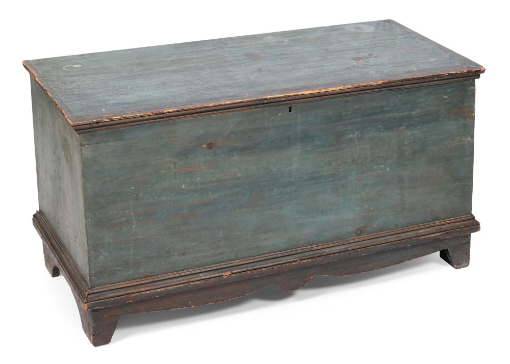 Appraisal: BLANKET CHEST th century In pine under blue paint Shaped