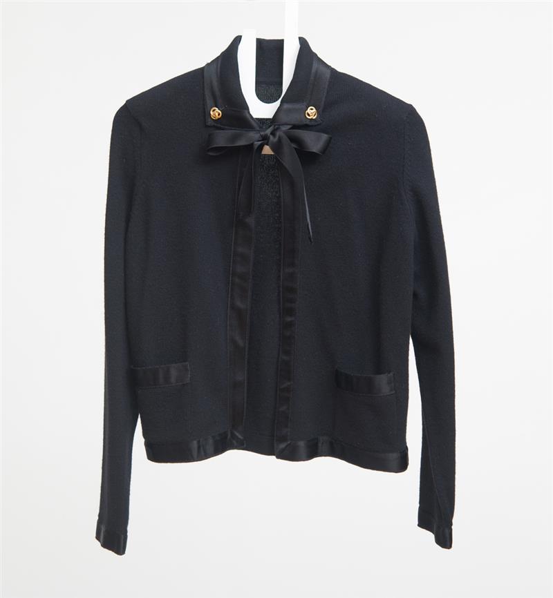 Appraisal: BLACK CARDIGAN WITH SILK NECKTIE AND CHANEL-TYPE COLLAR BUTTONS LACKING